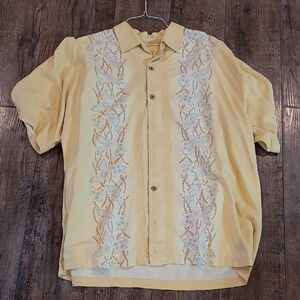 Tommy Bahama Yellow Button-Up Shirt with Tan And Blue Embroidery
